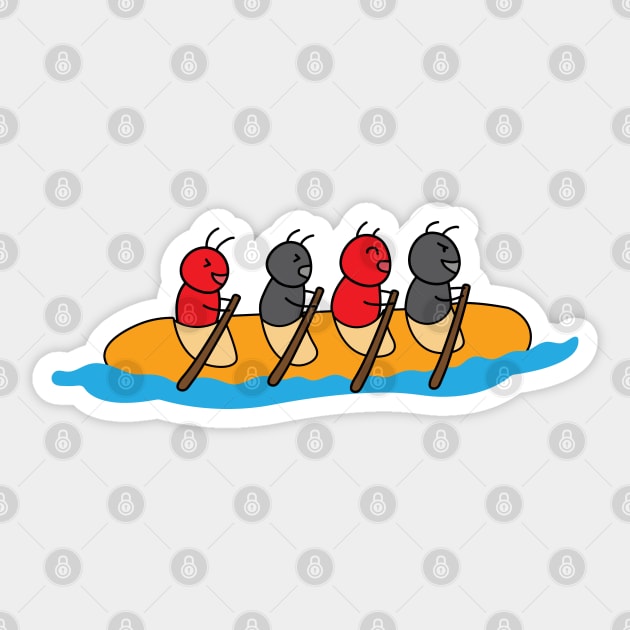 funny cute ants ride a long bread kayak boat Sticker by wordspotrayal